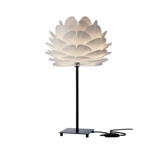 White hanging lamp in contemporary room. Shelf with books red chair coffee table and flowers